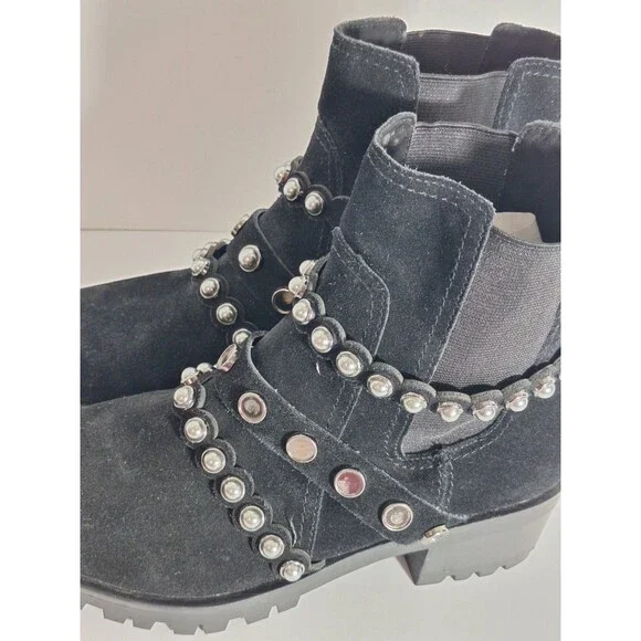 Karl Lagerfeld Paris Black Pia Faux Pearl Studded Suede Ankle Boots Sz 7.5B Goth - Picture 11 of 13